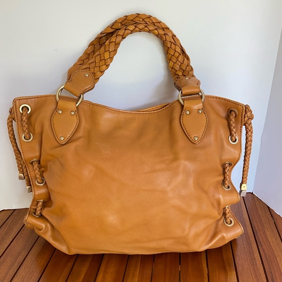 MICHAEL KORS MK COGNAC WHISKEY TAN LEATHER TOTE PURSE SHOULDER BAG DISTRESSED - Picture 4 of 11